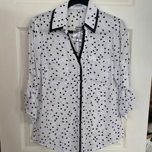 Express Women's White Button Down Shirt with Black Heart Print